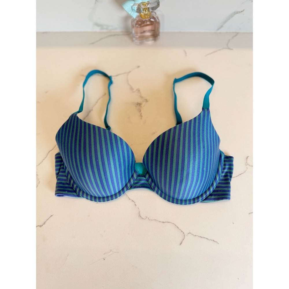 Betsey Johnson Bra Womens 32C Teal Purple Striped Underwire Lightly Lined Rose